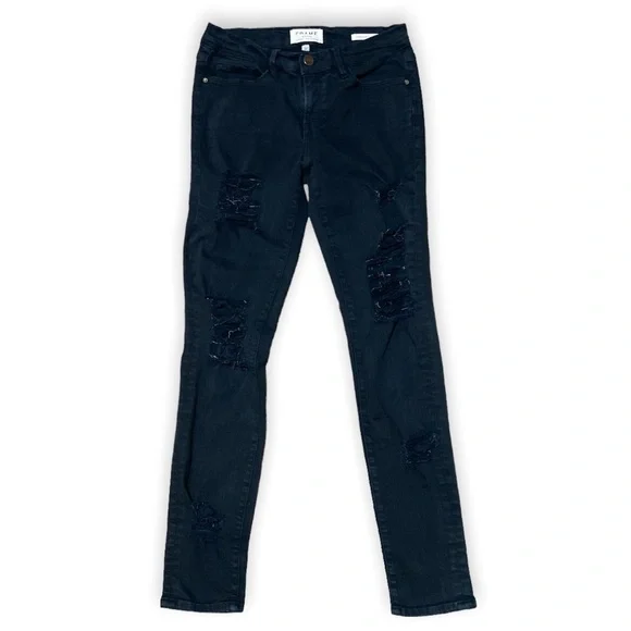 Frame Denim Black Le Skinny De Jeanne Distressed Jeans Women’s Size 27 - Picture 4 of 12